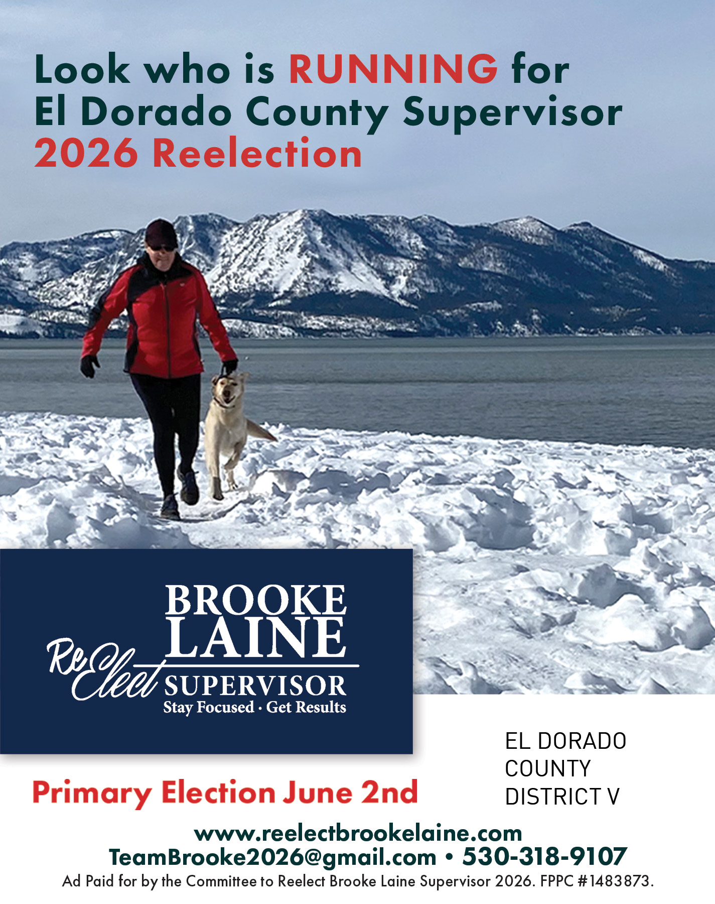 Brooke running with her dog on a snowy beach. Play on words since she's running for reelection.